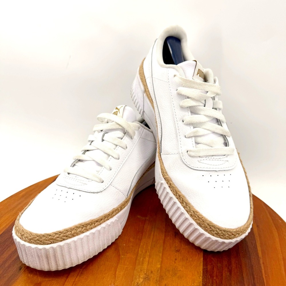 Puma Cali Star Leather Sneakers Womens 9.5 Jute Wht Gold Platform Preppy Tennis